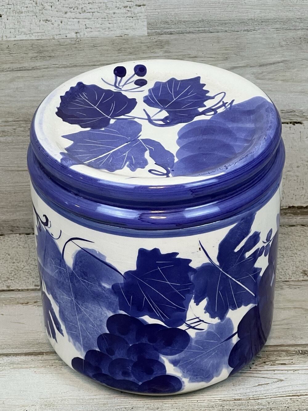Vintage Blue White Stoneware Canister Jar Grapes Hand Painted Kitchen Canister